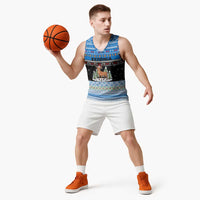 Estonia Christmas Basketball Jersey with Reindeer Gingerbread Snowflakes National Emblem and Winter Forest - Wonder Print Shop