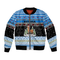 Estonia Christmas Bomber Jacket with Reindeer Gingerbread Snowflakes National Emblem and Winter Forest - Wonder Print Shop