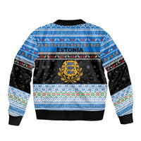 Estonia Christmas Bomber Jacket with Reindeer Gingerbread Snowflakes National Emblem and Winter Forest - Wonder Print Shop