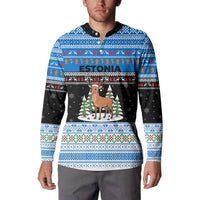 Estonia Christmas Button Sweatshirt with Reindeer Gingerbread Snowflakes National Emblem and Winter Forest - Wonder Print Shop