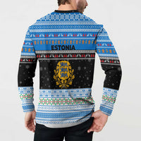 Estonia Christmas Button Sweatshirt with Reindeer Gingerbread Snowflakes National Emblem and Winter Forest - Wonder Print Shop