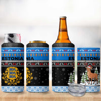 Estonia Christmas 4 in 1 Can Cooler Tumbler with Reindeer Gingerbread Snowflakes National Emblem and Winter Forest - Wonder Print Shop