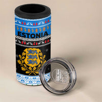 Estonia Christmas 4 in 1 Can Cooler Tumbler with Reindeer Gingerbread Snowflakes National Emblem and Winter Forest - Wonder Print Shop