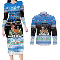 Estonia Christmas Couples Matching Long Sleeve Bodycon Dress and Long Sleeve Button Shirt with Reindeer Gingerbread Snowflakes National Emblem and Winter Forest - Wonder Print Shop