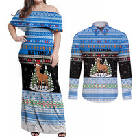 Estonia Christmas Couples Matching Off Shoulder Maxi Dress and Long Sleeve Button Shirt with Reindeer Gingerbread Snowflakes National Emblem and Winter Forest - Wonder Print Shop