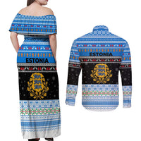 Estonia Christmas Couples Matching Off Shoulder Maxi Dress and Long Sleeve Button Shirt with Reindeer Gingerbread Snowflakes National Emblem and Winter Forest - Wonder Print Shop