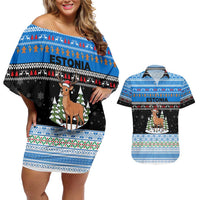 Estonia Christmas Couples Matching Off Shoulder Short Dress and Hawaiian Shirt with Reindeer Gingerbread Snowflakes National Emblem and Winter Forest - Wonder Print Shop