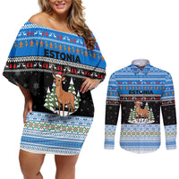 Estonia Christmas Couples Matching Off Shoulder Short Dress and Long Sleeve Button Shirt with Reindeer Gingerbread Snowflakes National Emblem and Winter Forest - Wonder Print Shop