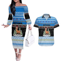 Estonia Christmas Couples Matching Off The Shoulder Long Sleeve Dress and Hawaiian Shirt with Reindeer Gingerbread Snowflakes National Emblem and Winter Forest - Wonder Print Shop