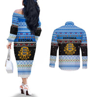 Estonia Christmas Couples Matching Off The Shoulder Long Sleeve Dress and Long Sleeve Button Shirt with Reindeer Gingerbread Snowflakes National Emblem and Winter Forest - Wonder Print Shop