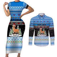 Estonia Christmas Couples Matching Short Sleeve Bodycon Dress and Long Sleeve Button Shirt with Reindeer Gingerbread Snowflakes National Emblem and Winter Forest - Wonder Print Shop