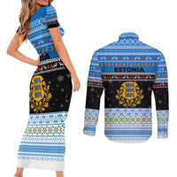 Estonia Christmas Couples Matching Short Sleeve Bodycon Dress and Long Sleeve Button Shirt with Reindeer Gingerbread Snowflakes National Emblem and Winter Forest - Wonder Print Shop