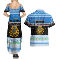 Estonia Christmas Couples Matching Summer Maxi Dress and Hawaiian Shirt with Reindeer Gingerbread Snowflakes National Emblem and Winter Forest - Wonder Print Shop