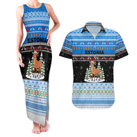 Estonia Christmas Couples Matching Tank Maxi Dress and Hawaiian Shirt with Reindeer Gingerbread Snowflakes National Emblem and Winter Forest - Wonder Print Shop