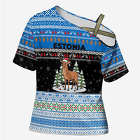 Estonia Christmas Cross Shoulder Shirt with Reindeer Gingerbread Snowflakes National Emblem and Winter Forest - Wonder Print Shop