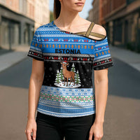 Estonia Christmas Cross Shoulder Shirt with Reindeer Gingerbread Snowflakes National Emblem and Winter Forest - Wonder Print Shop