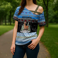 Estonia Christmas Cross Shoulder Shirt with Reindeer Gingerbread Snowflakes National Emblem and Winter Forest - Wonder Print Shop