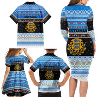Estonia Christmas Family Matching Long Sleeve Bodycon Dress and Hawaiian Shirt with Reindeer Gingerbread Snowflakes National Emblem and Winter Forest - Wonder Print Shop
