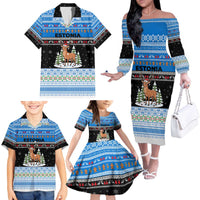 Estonia Christmas Family Matching Off The Shoulder Long Sleeve Dress and Hawaiian Shirt with Reindeer Gingerbread Snowflakes National Emblem and Winter Forest - Wonder Print Shop