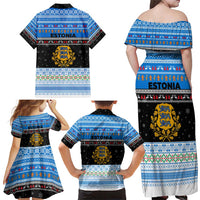 Estonia Christmas Family Matching Off Shoulder Maxi Dress and Hawaiian Shirt with Reindeer Gingerbread Snowflakes National Emblem and Winter Forest - Wonder Print Shop