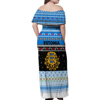 Estonia Christmas Family Matching Off Shoulder Maxi Dress and Hawaiian Shirt with Reindeer Gingerbread Snowflakes National Emblem and Winter Forest - Wonder Print Shop