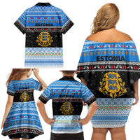 Estonia Christmas Family Matching Off Shoulder Short Dress and Hawaiian Shirt with Reindeer Gingerbread Snowflakes National Emblem and Winter Forest - Wonder Print Shop