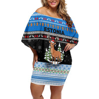 Estonia Christmas Family Matching Off Shoulder Short Dress and Hawaiian Shirt with Reindeer Gingerbread Snowflakes National Emblem and Winter Forest - Wonder Print Shop