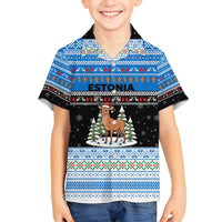 Estonia Christmas Family Matching Off Shoulder Short Dress and Hawaiian Shirt with Reindeer Gingerbread Snowflakes National Emblem and Winter Forest - Wonder Print Shop