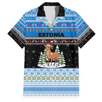 Estonia Christmas Family Matching Short Sleeve Bodycon Dress and Hawaiian Shirt with Reindeer Gingerbread Snowflakes National Emblem and Winter Forest - Wonder Print Shop