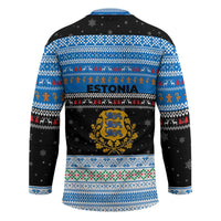 Estonia Christmas Hockey Jersey with Reindeer Gingerbread Snowflakes National Emblem and Winter Forest - Wonder Print Shop