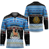 Estonia Christmas Hockey Jersey with Reindeer Gingerbread Snowflakes National Emblem and Winter Forest - Wonder Print Shop