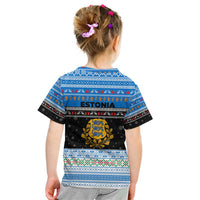 Estonia Christmas Kid T Shirt with Reindeer Gingerbread Snowflakes National Emblem and Winter Forest - Wonder Print Shop