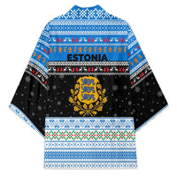 Estonia Christmas Kimono with Reindeer Gingerbread Snowflakes National Emblem and Winter Forest - Wonder Print Shop