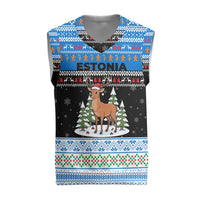 Estonia Christmas Knitted V-Neck Vest with Reindeer Gingerbread Snowflakes National Emblem and Winter Forest - Wonder Print Shop