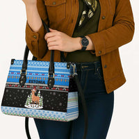 Estonia Christmas Leather Bag with Reindeer Gingerbread Snowflakes National Emblem and Winter Forest - Wonder Print Shop