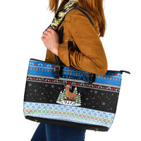 Estonia Christmas Leather Tote Bag with Reindeer Gingerbread Snowflakes National Emblem and Winter Forest - Wonder Print Shop