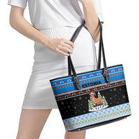 Estonia Christmas Leather Tote Bag with Reindeer Gingerbread Snowflakes National Emblem and Winter Forest - Wonder Print Shop