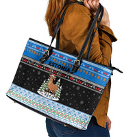 Estonia Christmas Leather Tote Bag with Reindeer Gingerbread Snowflakes National Emblem and Winter Forest - Wonder Print Shop