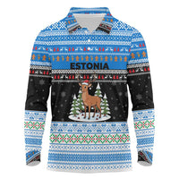 Estonia Christmas Long Sleeve Polo Shirt with Reindeer Gingerbread Snowflakes National Emblem and Winter Forest - Wonder Print Shop