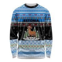 Estonia Christmas Long Sleeve Shirt with Reindeer Gingerbread Snowflakes National Emblem and Winter Forest - Wonder Print Shop