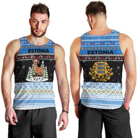 Estonia Christmas Men Tank Top with Reindeer Gingerbread Snowflakes National Emblem and Winter Forest - Wonder Print Shop