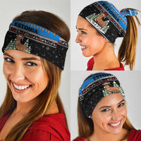 Estonia Christmas Neck Gaiter with Reindeer Gingerbread Snowflakes National Emblem and Winter Forest - Wonder Print Shop
