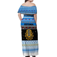 Estonia Christmas Off Shoulder Maxi Dress with Reindeer Gingerbread Snowflakes National Emblem and Winter Forest - Wonder Print Shop