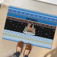 Estonia Christmas Rubber Doormat with Reindeer Gingerbread Snowflakes National Emblem and Winter Forest - Wonder Print Shop