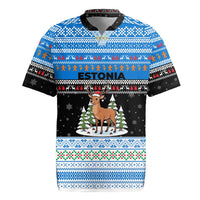 Estonia Christmas Rugby Jersey with Reindeer Gingerbread Snowflakes National Emblem and Winter Forest - Wonder Print Shop