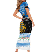 Estonia Christmas Short Sleeve Bodycon Dress with Reindeer Gingerbread Snowflakes National Emblem and Winter Forest - Wonder Print Shop