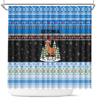 Estonia Christmas Shower Curtain with Reindeer Gingerbread Snowflakes National Emblem and Winter Forest - Wonder Print Shop