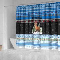 Estonia Christmas Shower Curtain with Reindeer Gingerbread Snowflakes National Emblem and Winter Forest - Wonder Print Shop