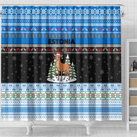 Estonia Christmas Shower Curtain with Reindeer Gingerbread Snowflakes National Emblem and Winter Forest - Wonder Print Shop
