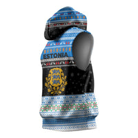Estonia Christmas Sleeveless Hoodie with Reindeer Gingerbread Snowflakes National Emblem and Winter Forest - Wonder Print Shop